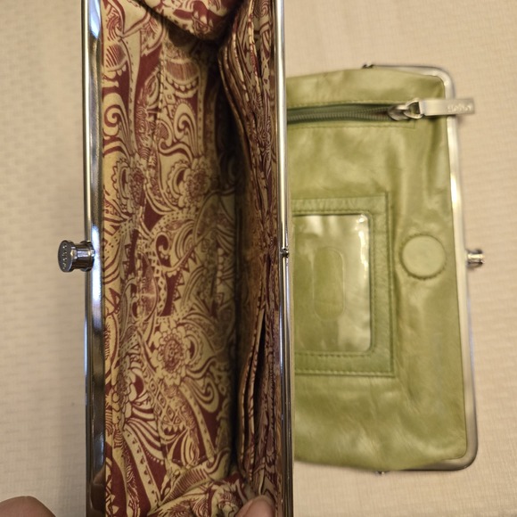 Vtg Hobo International Lauren Leather Double-Frame Clutch Wallet Citrine Green - Picture 8 of 14